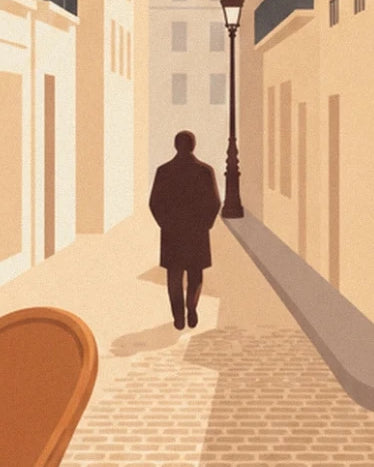 A figure in a dark coat in a cobbled lane lined with pale façades
