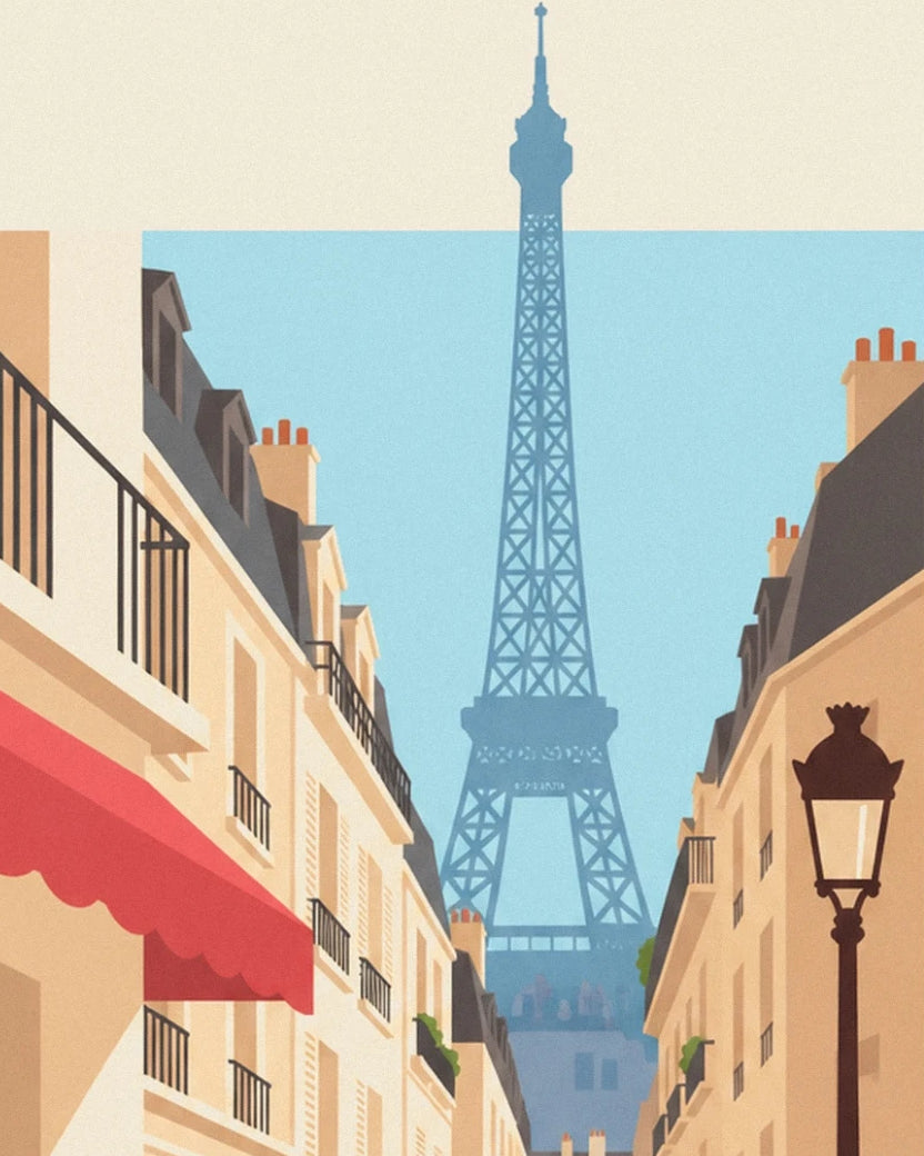 The tour Eiffel between Parisian buildings with a red awning and a street lamp