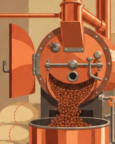 Le torréfacteur orange et sa porte ouverte, avec les grains de café déversés dans la cuve