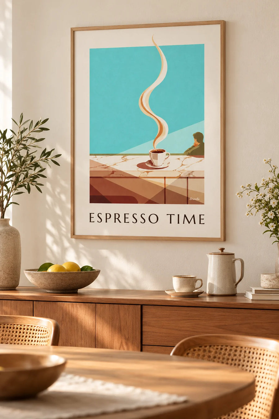 Póster de taza de espresso humeante sobre una encimera de mármol: enmarcado en la pared