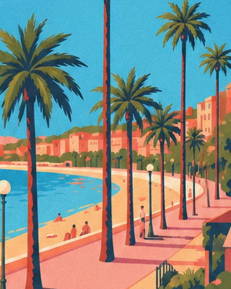 The crescent-shaped bay lined with palm trees, street lamps and pink façades, with bathers on the sand