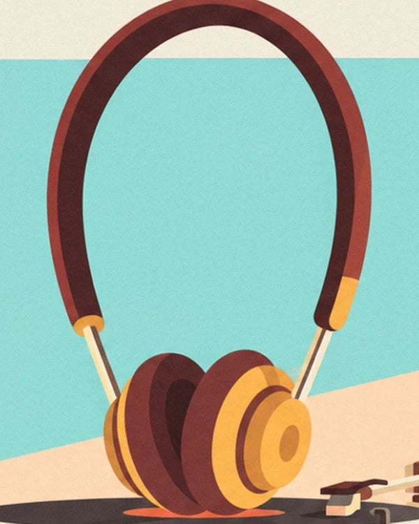 The headphones with burgundy and golden ear cushions, resting on the vinyl record