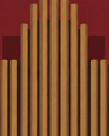 The golden organ pipes arranged symmetrically against a red background