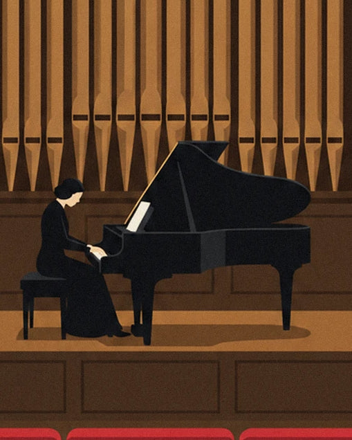 The pianist in a black dress at her grand piano on the wooden stage