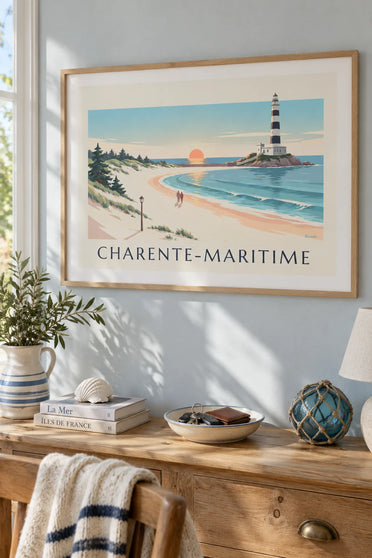 Poster of the Chassiron lighthouse on Île d’Oléron at sunset: framed on the wall