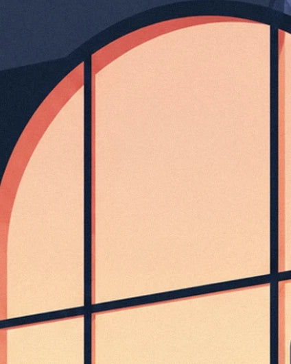 An arched window with midnight blue frames against a glowing peach and orange background