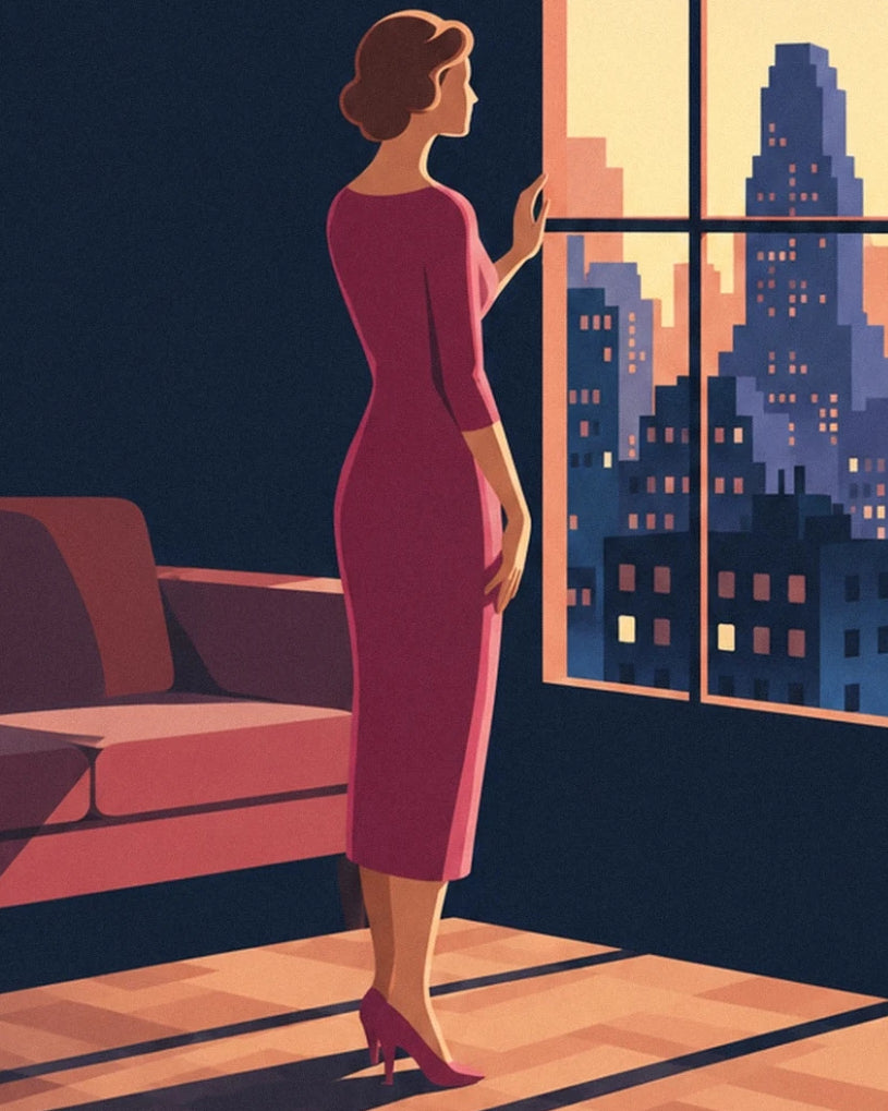A woman in a burgundy sheath dress and court shoes in front of a window overlooking the city