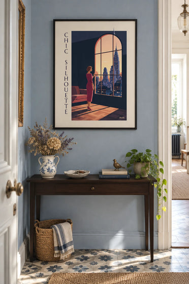 Silhouette of a chic woman in a sheath dress poster: framed on the wall
