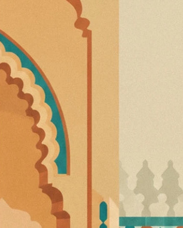 An ochre and turquoise scalloped arch beside a wall with Moorish patterns