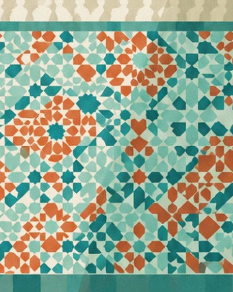 The mosaics with turquoise stars and orange rosettes, bordered in green