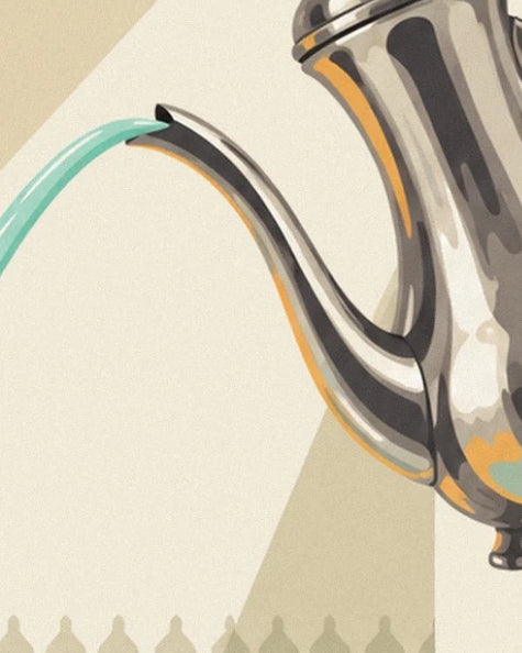 The curved spout of the silver teapot and its stream of mint green tea