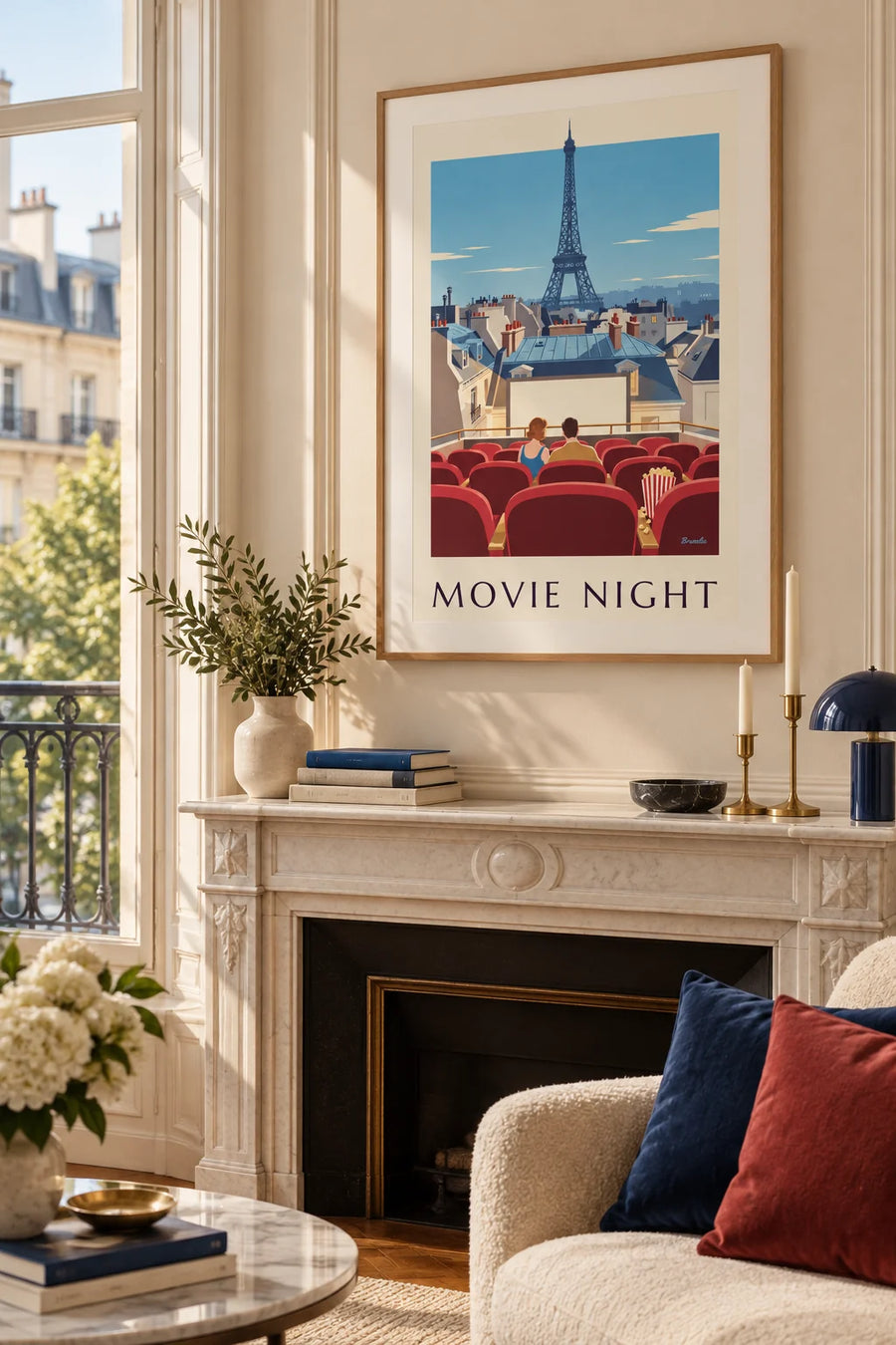 Affiche cinéma en plein air sur un toit de Paris et pop-corn : encadrée au mur