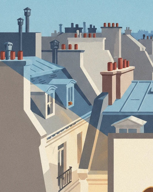 Les toits de zinc, lucarnes et cheminées de briques éclairés par le faisceau du projecteur