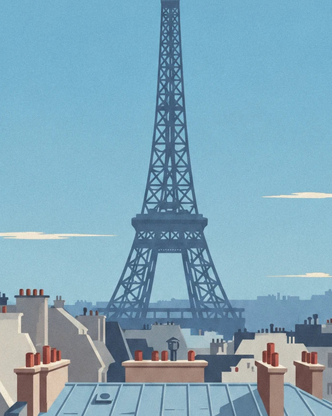 La tour Eiffel bleue se dressant au-dessus des cheminées et des toits parisiens