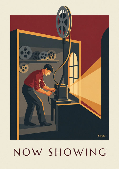 Poster of a cinema projectionist and film reel: the full poster