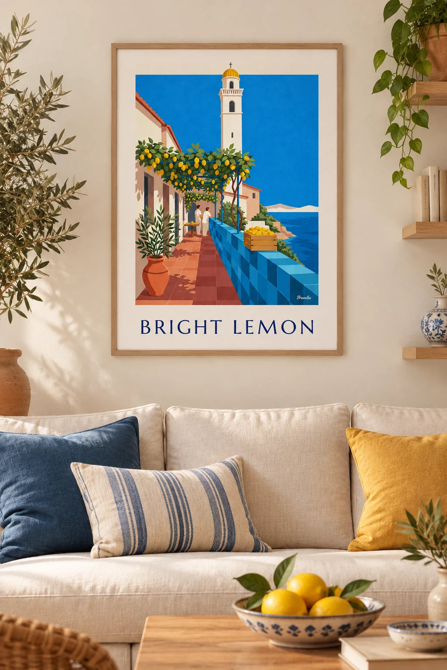 Póster de una pérgola de limoneros y un campanario de cúpula amarilla frente al mar: enmarcado en la pared
