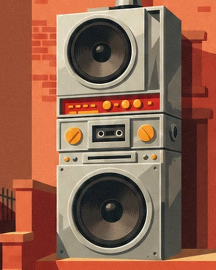 La radiocassette grise à 2 haut-parleurs et boutons orange sur le perron