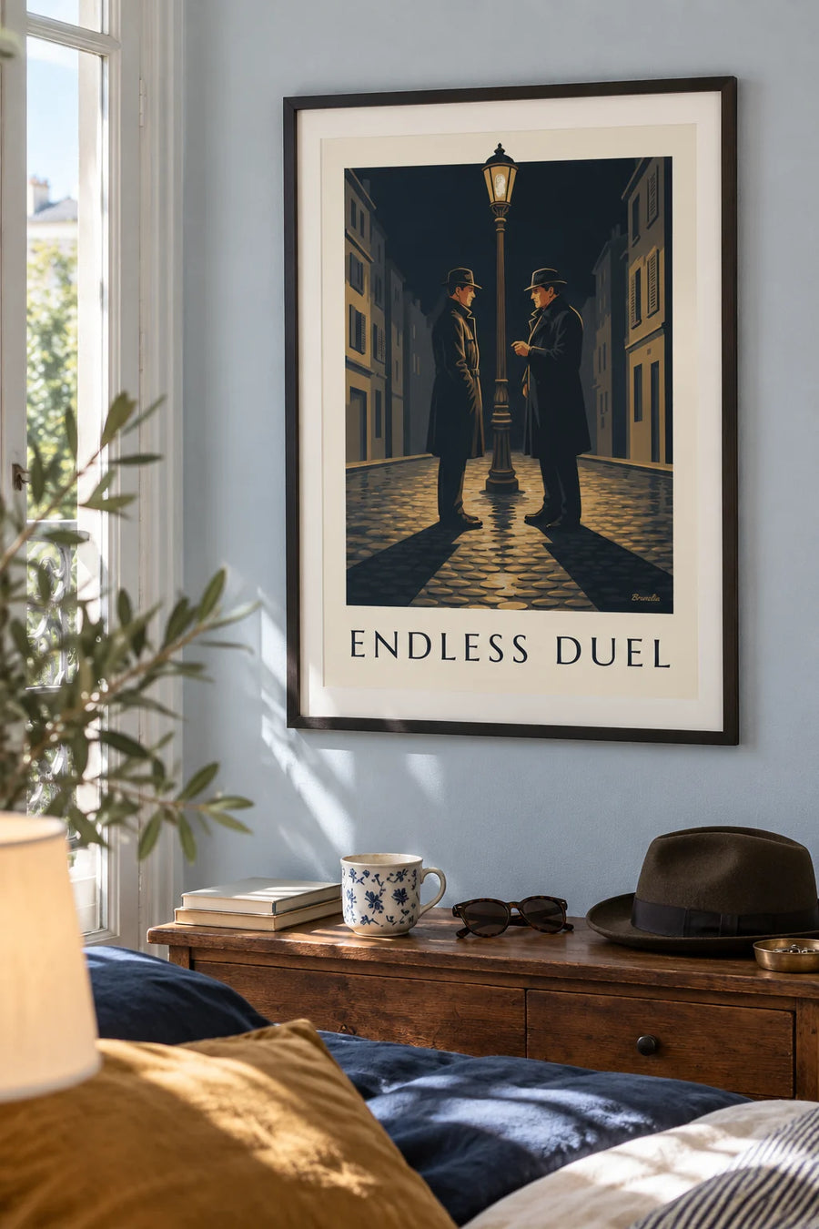 Póster de un duelo de cine negro bajo una farola, noche de lluvia: enmarcado en la pared