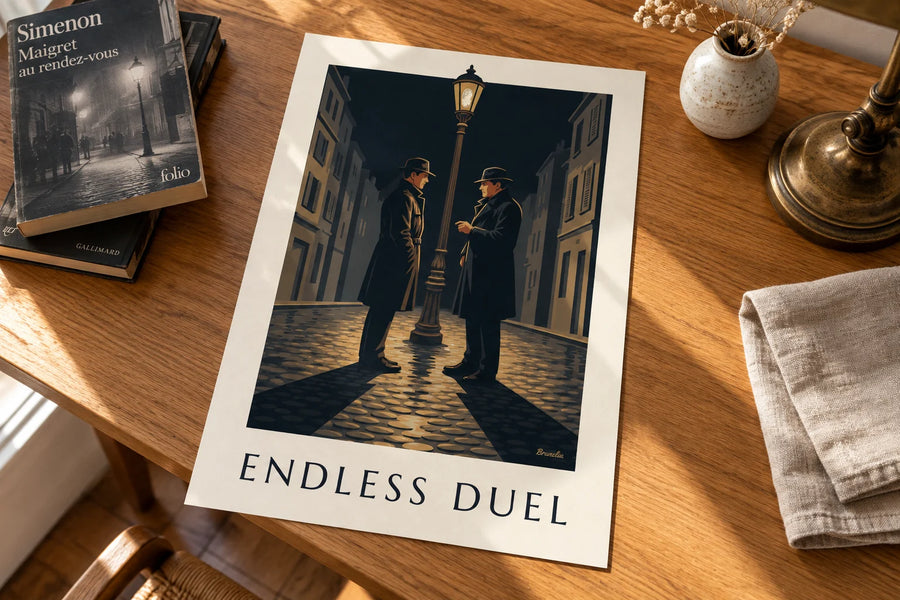 Póster duelo de cine negro bajo una farola, noche de lluvia: apoyado sobre una mesa