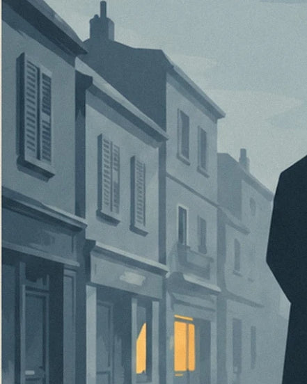 Façades de rue aux volets fermés et vitrines allumées d'une lueur jaune, dans la brume bleutée