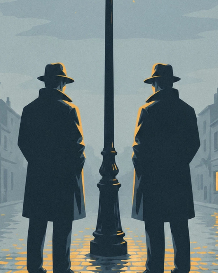 Les 2 hommes en chapeau et long manteau de dos, de part et d'autre du réverbère, sur les pavés mouillés