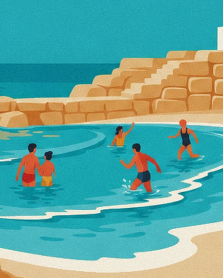 Les baigneurs dans l’eau turquoise, devant les rochers ocres et leur escalier