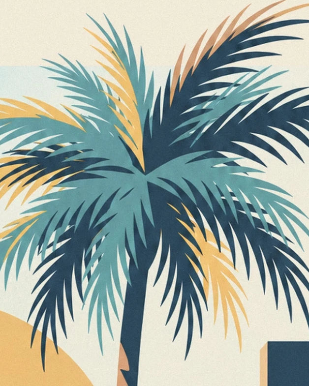 The tapered palm fronds in deep blue, turquoise green and golden yellow