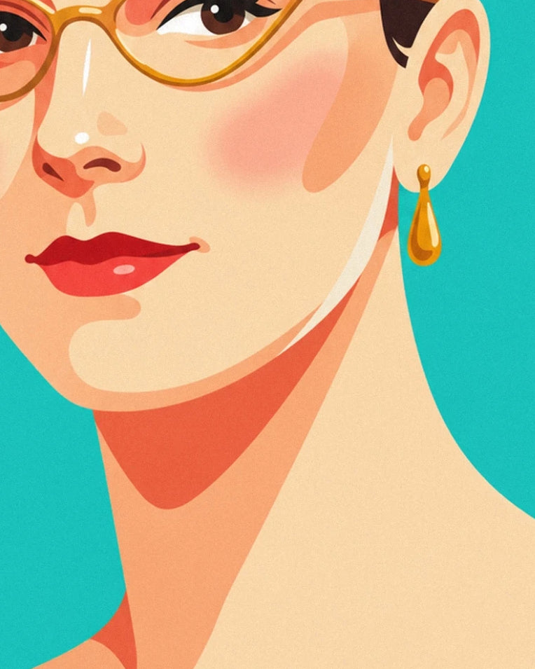 Cat-eye glasses and red lips woman portrait poster: close-up detail