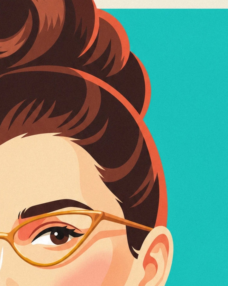 Cat-eye glasses and red lips woman portrait poster: close-up detail