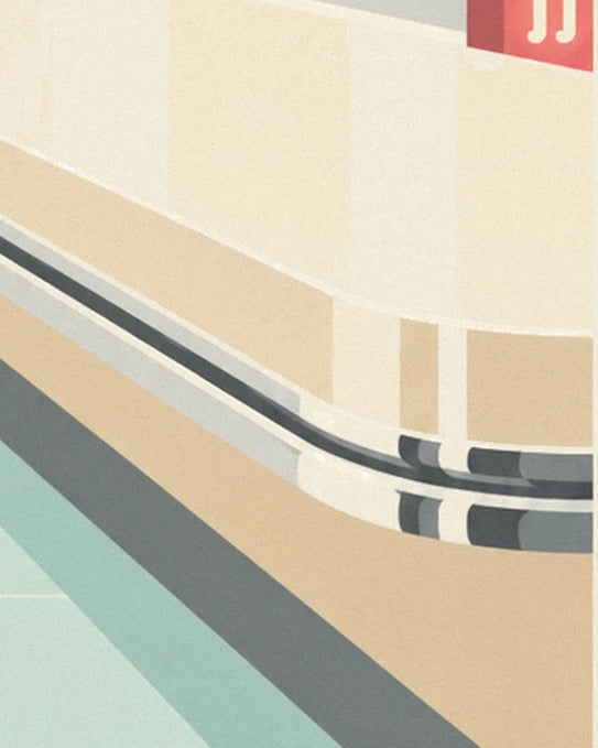La courbe du comptoir en chrome et formica beige, avec son rail métallique et son enseigne rouge