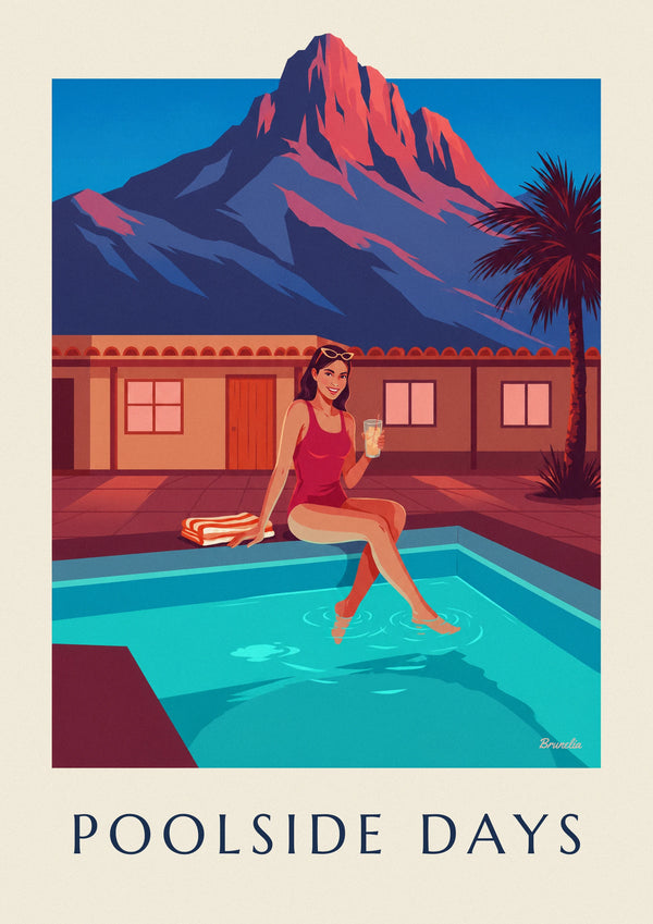 Woman by a motel pool at the foot of a mountain poster