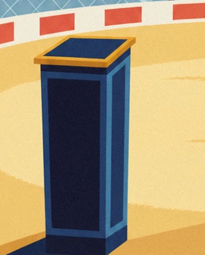 The tall blue pedestal with a golden rim on the yellow sand of the circus ring