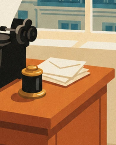 Un encrier noir au couvercle doré et des enveloppes sur le bureau orangé