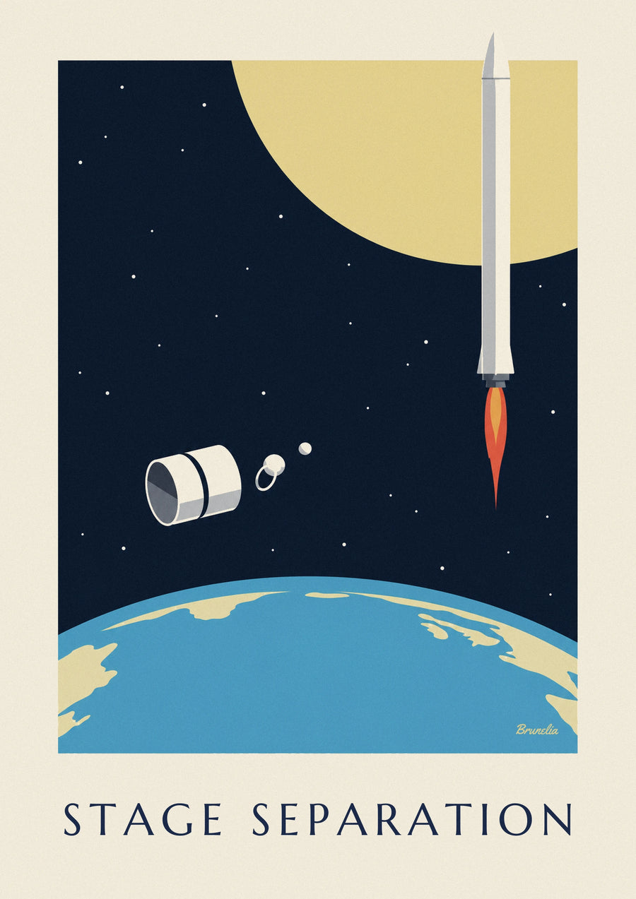 Póster etapas de cohete separándose sobre la Tierra
