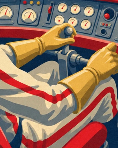 Les mains gantées d'or du pilote aux commandes, sa combinaison crème rayée de rouge