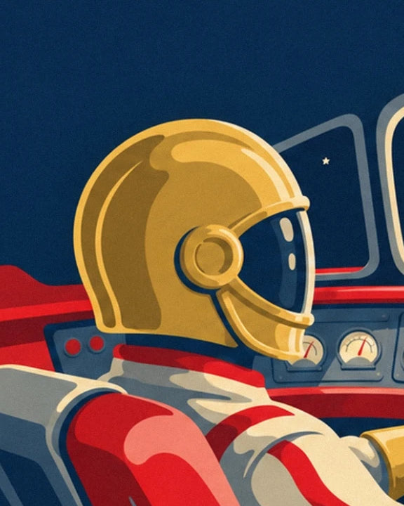 Le pilote de profil, coiffé d'un casque doré à visière, dans le cockpit