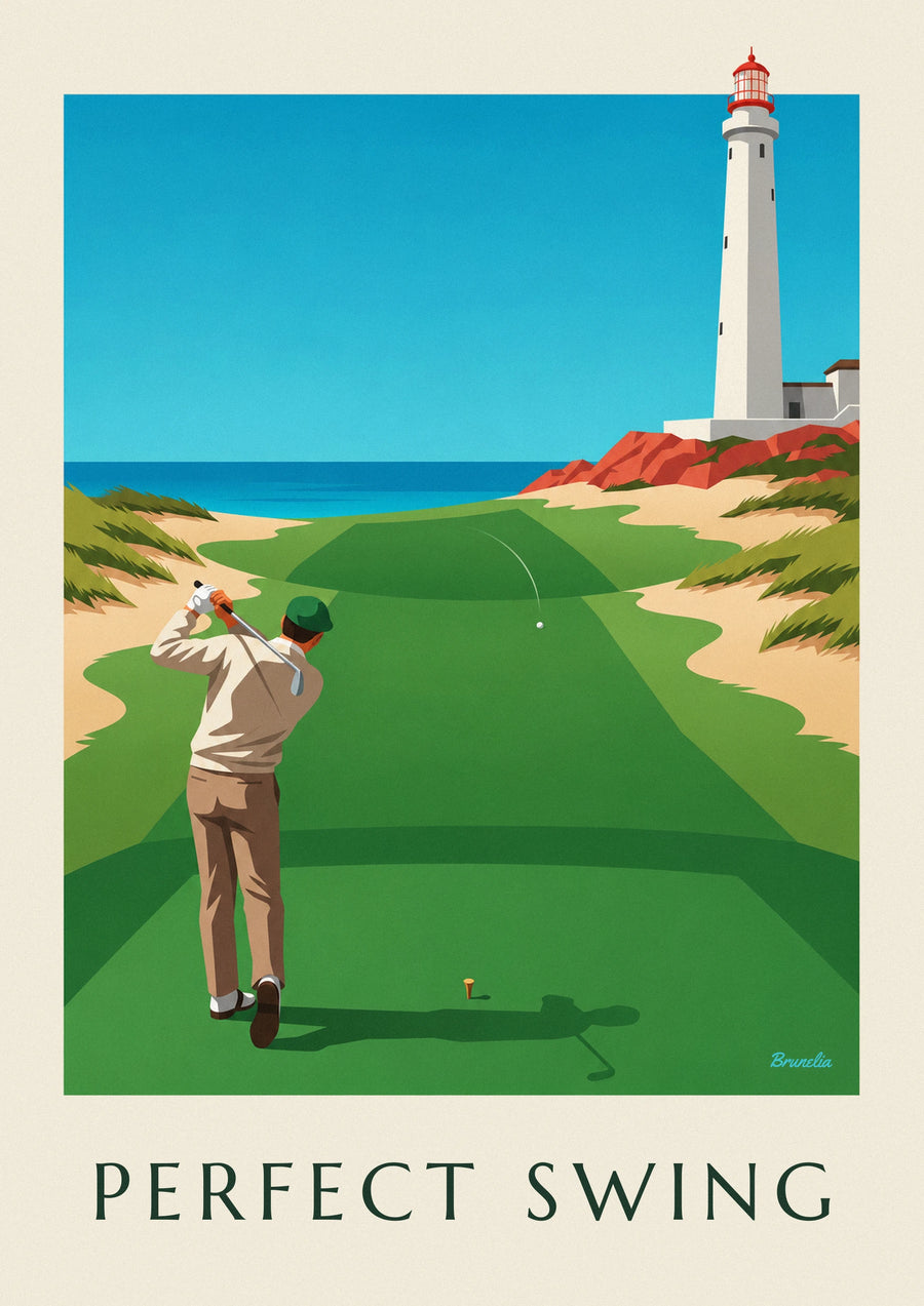 Golfer mid-swing on a clifftop links poster
