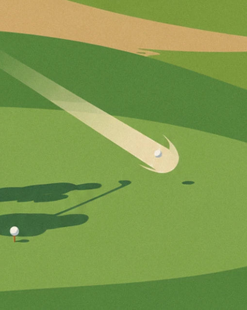 The flying ball with its pale trail, the golfer's shadow and a ball on its tee on the green