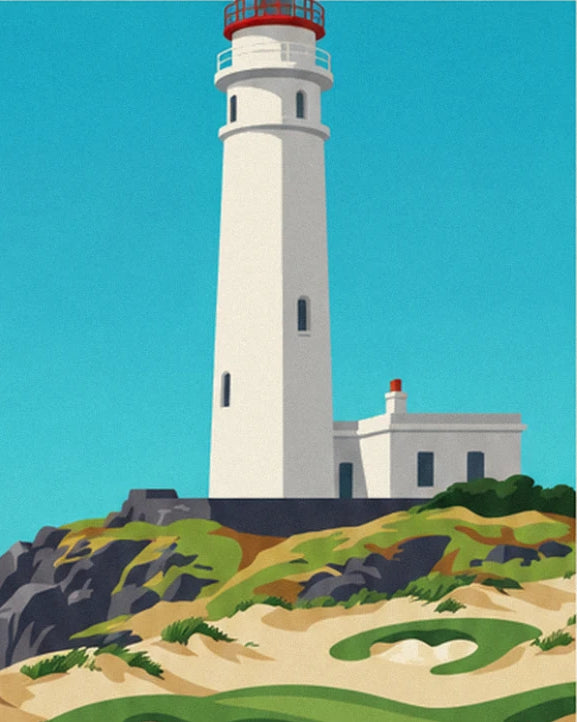 The white lighthouse with a red lantern perched on the rocks above the dunes
