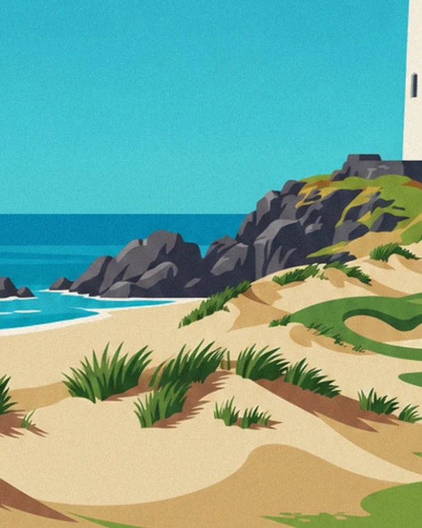 Dark rocks plunging into the turquoise sea and wild grasses on the dunes