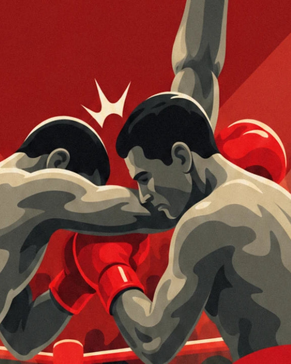 The 2 boxers locked together with red gloves clenched and a raised arm behind them