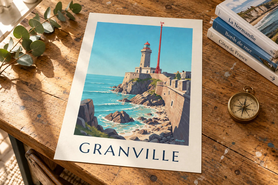 Affiche phare blanc à lanterne rouge sur les rochers de Granville : posée sur une table
