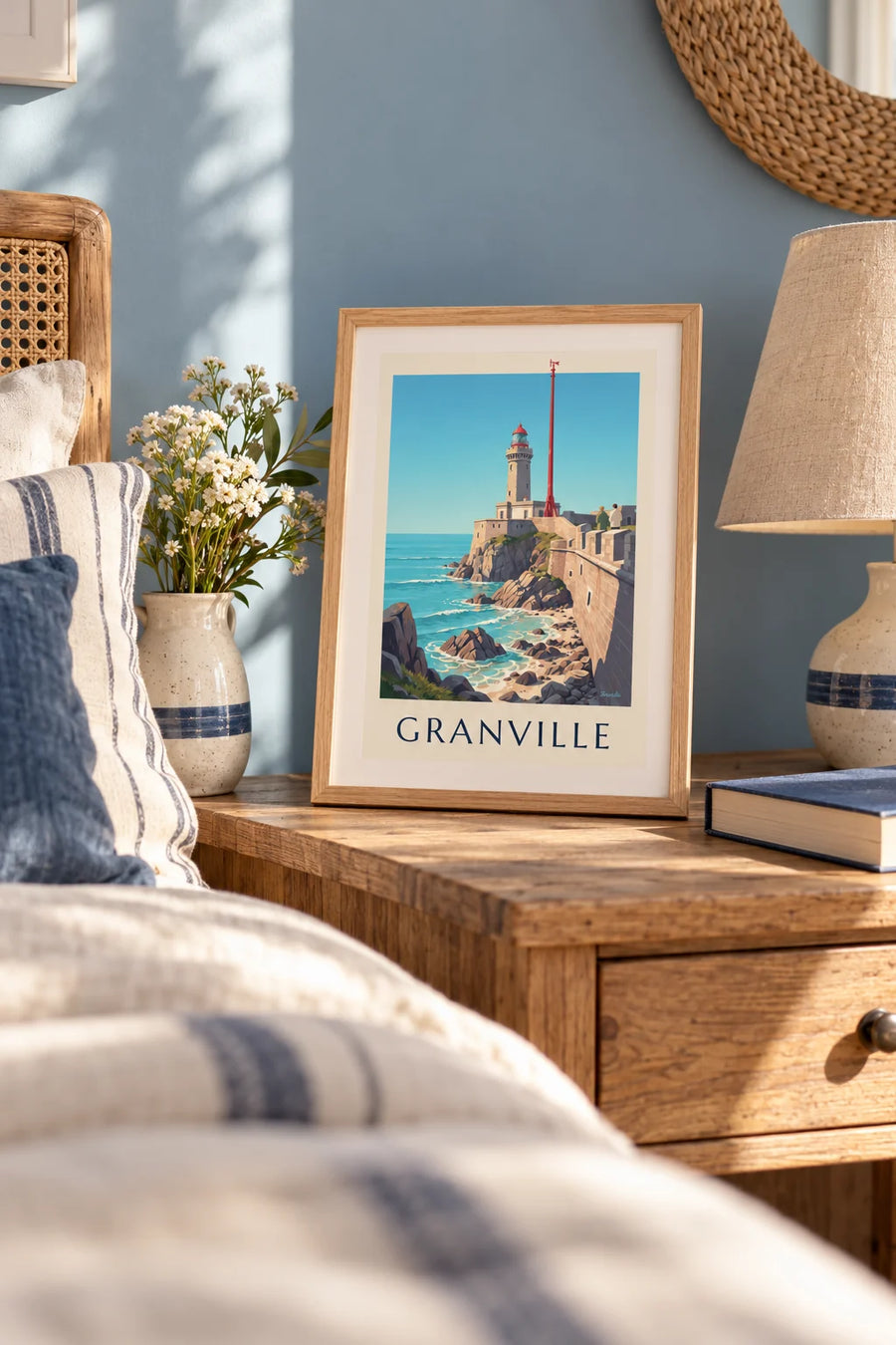 Affiche phare blanc à lanterne rouge sur les rochers de Granville : petit format A4 encadré