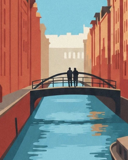 Las 2 figuras sobre un puente en arco entre los almacenes rojos de la Speicherstadt