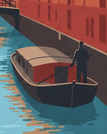 Un barquero de pie a bordo de una barca con cabina roja sobre el canal azul