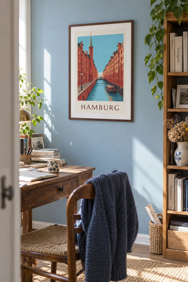 Poster of the Speicherstadt warehouses in Hamburg: framed on the wall
