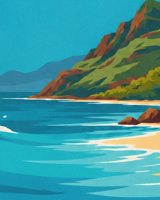 La côte aux falaises brunes et vertes qui plonge dans une mer turquoise, avec ses rochers sur le sable