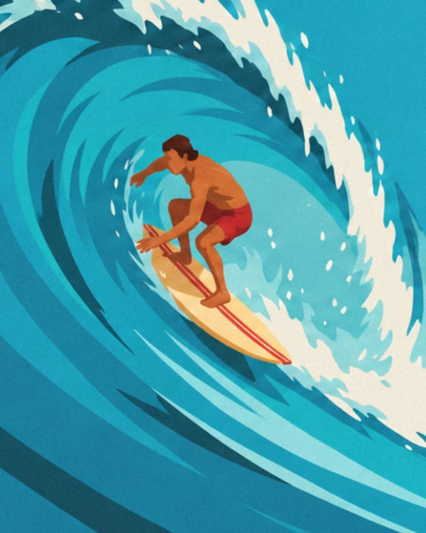 Le surfeur en short rouge sur sa planche crème, dans le tube de la vague turquoise