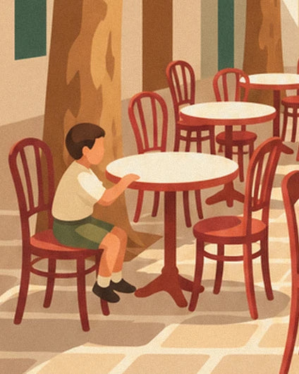 A boy in green shorts among the round tables and red chairs on the terrace