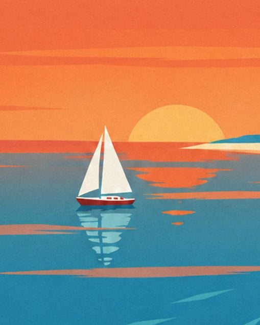The white sailing boat with a red hull facing the orange setting sun